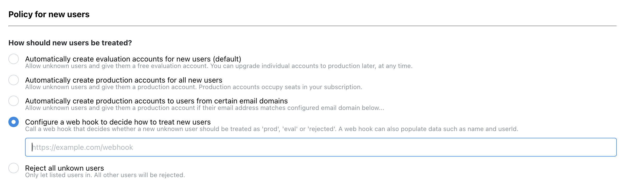 Screenshot from Dexie Cloud Manager, section 'Policy for new users' where it is possible to configure this web hook